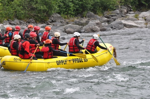 Both teams paddling